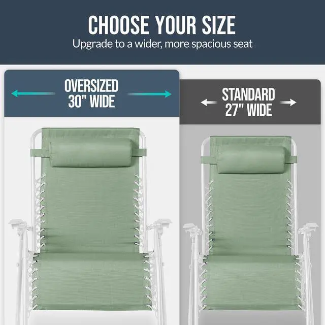 Alt view image 4 of 7 - Set of 2 Extra Wide Adjustable Steel Mesh Zero Gravity Lounge Chair Recliners w/Pillows and Cup Holder Trays - Sage Green/White