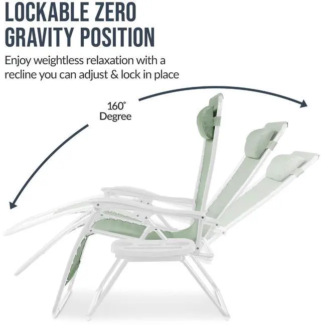 Alt view image 5 of 7 - Set of 2 Extra Wide Adjustable Steel Mesh Zero Gravity Lounge Chair Recliners w/Pillows and Cup Holder Trays - Sage Green/White