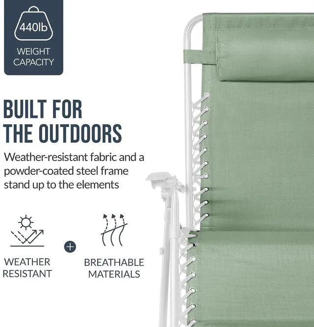 Alt view image 6 of 7 - Set of 2 Extra Wide Adjustable Steel Mesh Zero Gravity Lounge Chair Recliners w/Pillows and Cup Holder Trays - Sage Green/White