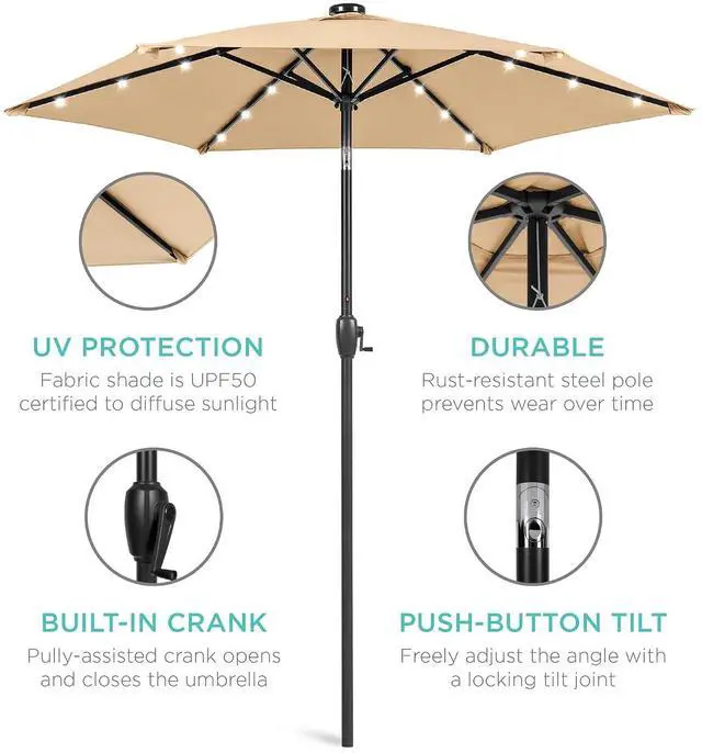 Alt view image 5 of 7 - 7.5ft Solar Umbrella LED Lighted Patio Umbrella, Table Market Umbrella with Tilt and Crank, Outdoor Umbrella for Garden, Deck, Backyard, Pool and Beach - Sand