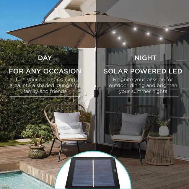 Alt view image 3 of 7 - 10ft Solar Polyester LED Lighted Patio Umbrella w/Tilt Adjustment and UV-Resistant Fabric - Tan