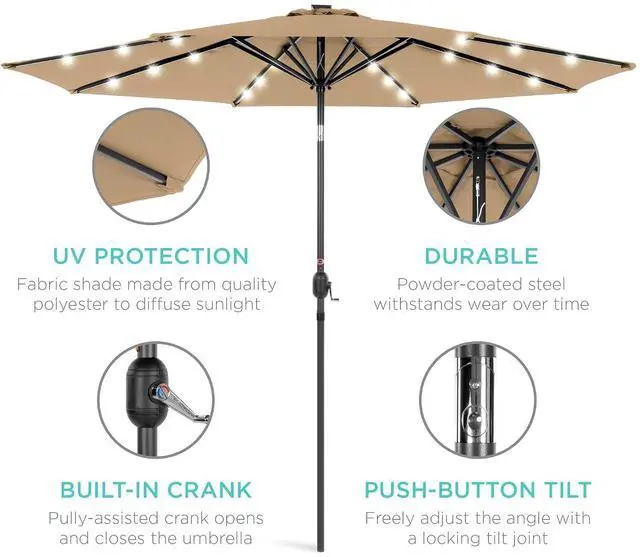 Alt view image 5 of 7 - 10ft Solar Polyester LED Lighted Patio Umbrella w/Tilt Adjustment and UV-Resistant Fabric - Tan