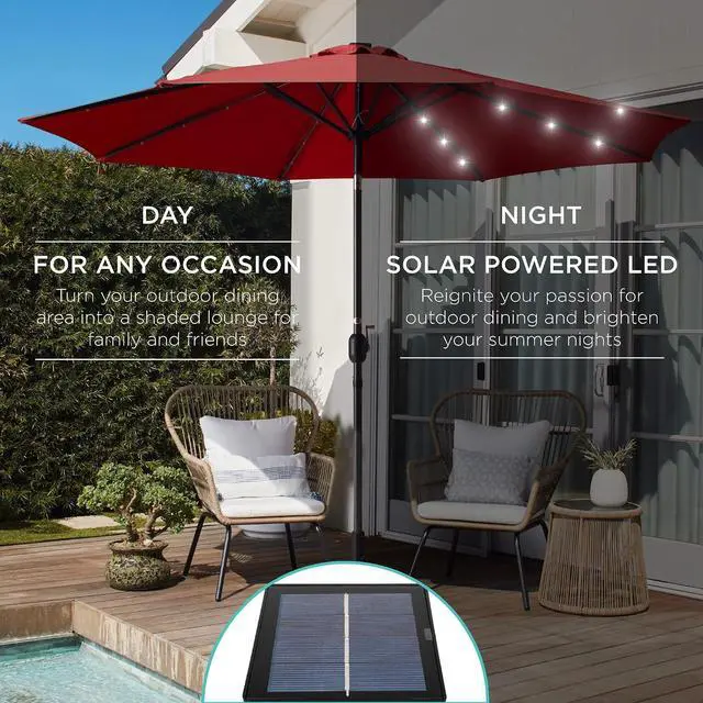 Alt view image 3 of 7 - 10ft Solar Polyester LED Lighted Patio Umbrella w/Tilt Adjustment and UV-Resistant Fabric - Red