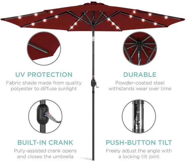Alt view image 5 of 7 - 10ft Solar Polyester LED Lighted Patio Umbrella w/Tilt Adjustment and UV-Resistant Fabric - Red