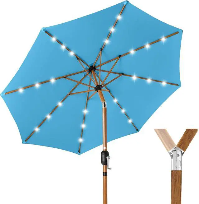 Main image of 10ft Solar Market Patio Umbrella w/Woodgrain Pattern Pole, LED Lights, Tilt & Crank - Outdoor Sun Shade for Backyard Table, Deck, Poolside - Sky Blue