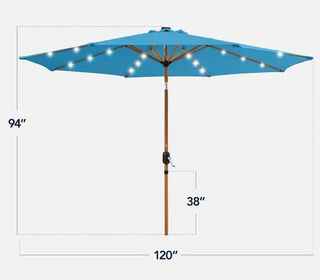 Alt view image 2 of 7 - 10ft Solar Market Patio Umbrella w/Woodgrain Pattern Pole, LED Lights, Tilt & Crank - Outdoor Sun Shade for Backyard Table, Deck, Poolside - Sky Blue