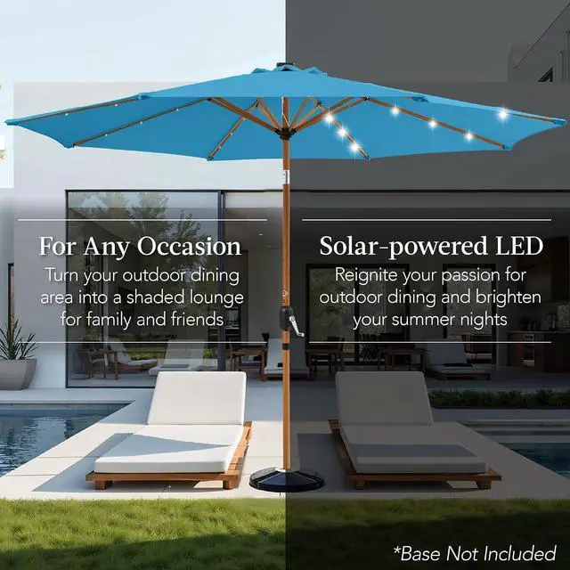 Alt view image 4 of 7 - 10ft Solar Market Patio Umbrella w/Woodgrain Pattern Pole, LED Lights, Tilt & Crank - Outdoor Sun Shade for Backyard Table, Deck, Poolside - Sky Blue