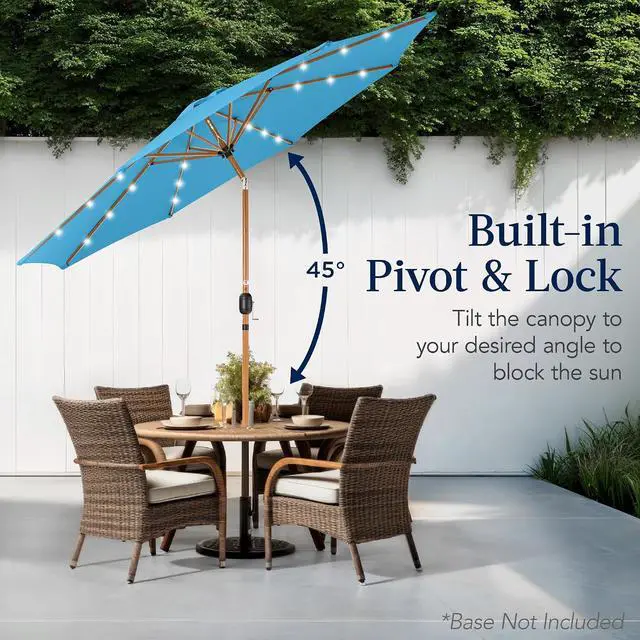 Alt view image 5 of 7 - 10ft Solar Market Patio Umbrella w/Woodgrain Pattern Pole, LED Lights, Tilt & Crank - Outdoor Sun Shade for Backyard Table, Deck, Poolside - Sky Blue