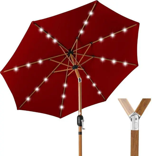 Main image of 10ft Solar Market Patio Umbrella w/Woodgrain Pattern Pole, LED Lights, Tilt & Crank - Outdoor Sun Shade for Backyard Table, Deck, Poolside - Red