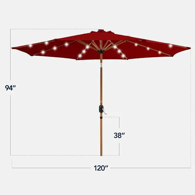 Alt view image 2 of 7 - 10ft Solar Market Patio Umbrella w/Woodgrain Pattern Pole, LED Lights, Tilt & Crank - Outdoor Sun Shade for Backyard Table, Deck, Poolside - Red