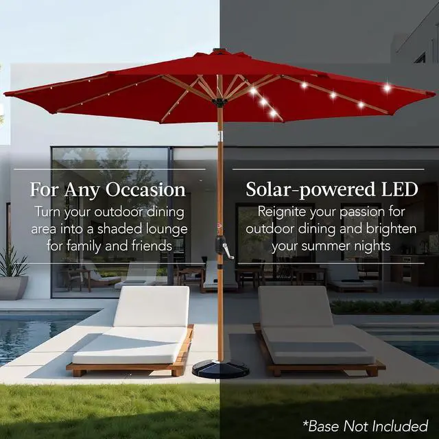 Alt view image 4 of 7 - 10ft Solar Market Patio Umbrella w/Woodgrain Pattern Pole, LED Lights, Tilt & Crank - Outdoor Sun Shade for Backyard Table, Deck, Poolside - Red