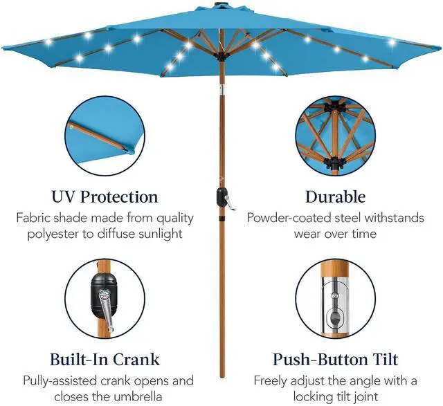 Alt view image 6 of 7 - 10ft Solar Market Patio Umbrella w/Woodgrain Pattern Pole, LED Lights, Tilt & Crank - Outdoor Sun Shade for Backyard Table, Deck, Poolside - Sky Blue