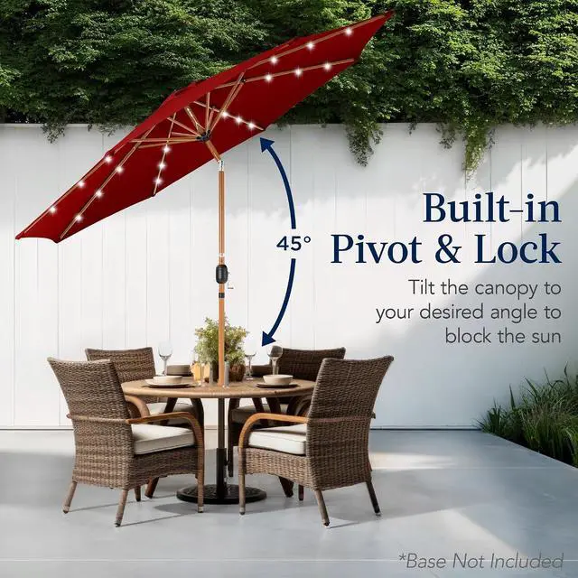 Alt view image 5 of 7 - 10ft Solar Market Patio Umbrella w/Woodgrain Pattern Pole, LED Lights, Tilt & Crank - Outdoor Sun Shade for Backyard Table, Deck, Poolside - Red