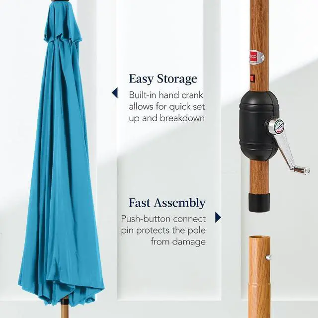 Alt view image 7 of 7 - 10ft Solar Market Patio Umbrella w/Woodgrain Pattern Pole, LED Lights, Tilt & Crank - Outdoor Sun Shade for Backyard Table, Deck, Poolside - Sky Blue