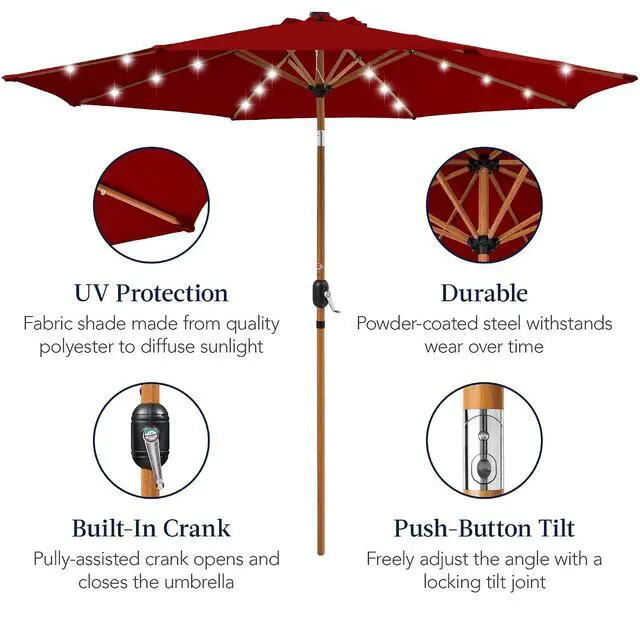 Alt view image 6 of 7 - 10ft Solar Market Patio Umbrella w/Woodgrain Pattern Pole, LED Lights, Tilt & Crank - Outdoor Sun Shade for Backyard Table, Deck, Poolside - Red