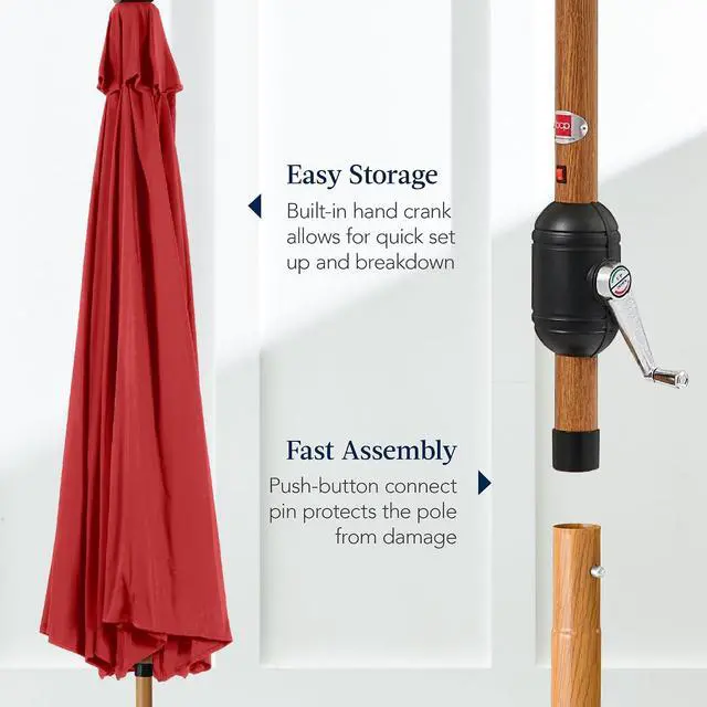 Alt view image 7 of 7 - 10ft Solar Market Patio Umbrella w/Woodgrain Pattern Pole, LED Lights, Tilt & Crank - Outdoor Sun Shade for Backyard Table, Deck, Poolside - Red