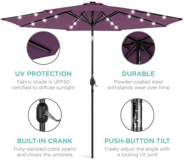 Alt view image 5 of 7 - 10ft Solar Polyester LED Lighted Patio Umbrella w/Tilt Adjustment and UV-Resistant Fabric - Amethyst Purple