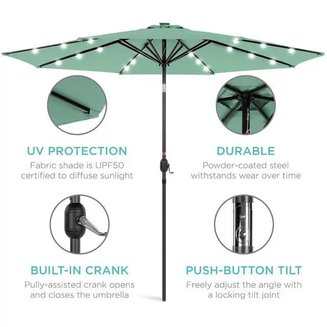 Alt view image 5 of 7 - 10ft Solar Polyester LED Lighted Patio Umbrella w/Tilt Adjustment and UV-Resistant Fabric - Seaglass