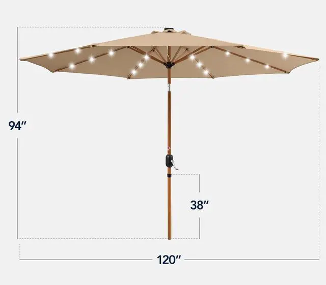 Alt view image 2 of 7 - 10ft Solar Market Patio Umbrella w/Woodgrain Pattern Pole, LED Lights, Tilt & Crank - Outdoor Sun Shade for Backyard Table, Deck, Poolside - Tan