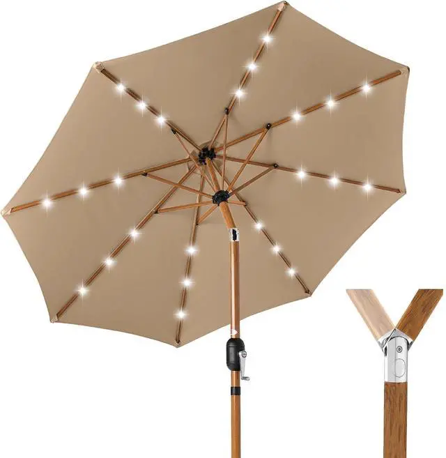 Main image of 10ft Solar Market Patio Umbrella w/Woodgrain Pattern Pole, LED Lights, Tilt & Crank - Outdoor Sun Shade for Backyard Table, Deck, Poolside - Tan