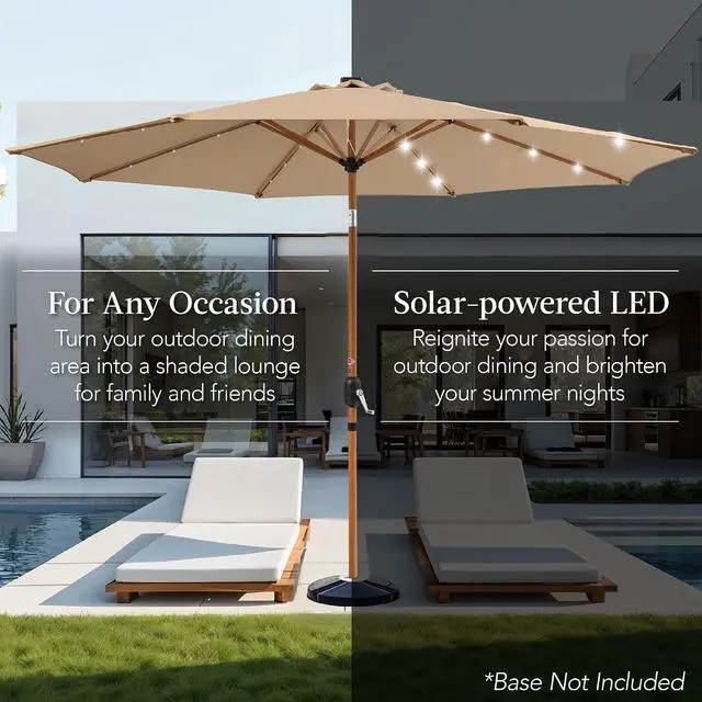 Alt view image 4 of 7 - 10ft Solar Market Patio Umbrella w/Woodgrain Pattern Pole, LED Lights, Tilt & Crank - Outdoor Sun Shade for Backyard Table, Deck, Poolside - Tan