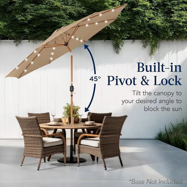Alt view image 5 of 7 - 10ft Solar Market Patio Umbrella w/Woodgrain Pattern Pole, LED Lights, Tilt & Crank - Outdoor Sun Shade for Backyard Table, Deck, Poolside - Tan