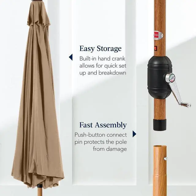 Alt view image 7 of 7 - 10ft Solar Market Patio Umbrella w/Woodgrain Pattern Pole, LED Lights, Tilt & Crank - Outdoor Sun Shade for Backyard Table, Deck, Poolside - Tan