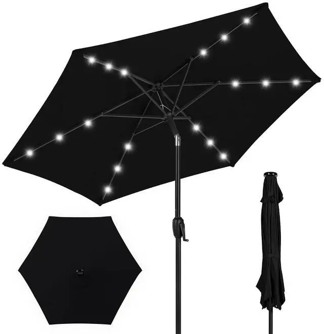 Main image of 7.5ft Solar Umbrella LED Lighted Patio Umbrella, Table Market Umbrella with Tilt and Crank, Outdoor Umbrella for Garden, Deck, Backyard, Pool and Beach - Black