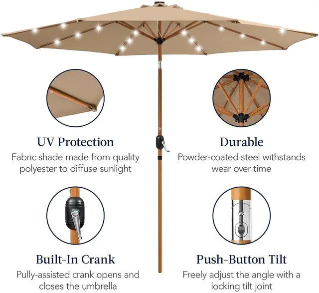 Alt view image 6 of 7 - 10ft Solar Market Patio Umbrella w/Woodgrain Pattern Pole, LED Lights, Tilt & Crank - Outdoor Sun Shade for Backyard Table, Deck, Poolside - Tan