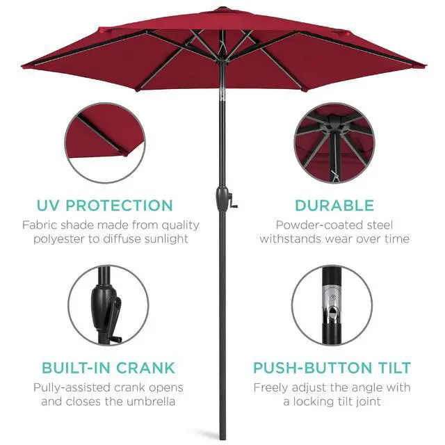 Alt view image 5 of 7 - 7.5ft Heavy-Duty Round Outdoor Market Table Patio Umbrella w/Steel Pole, Push Button Tilt, Easy Crank Lift - Burgundy