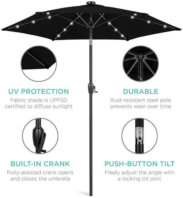 Alt view image 5 of 7 - 7.5ft Solar Umbrella LED Lighted Patio Umbrella, Table Market Umbrella with Tilt and Crank, Outdoor Umbrella for Garden, Deck, Backyard, Pool and Beach - Black