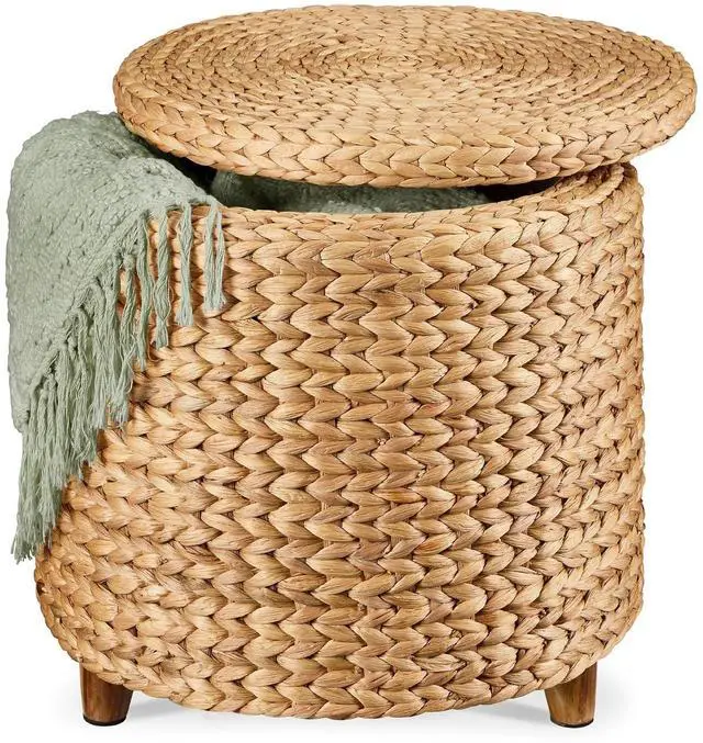 Main image of 17" Round Storage Ottoman W/Lid, Handwoven Water Hyacinth Footstool, Footrest w/Wooden Legs, Accent Side Table, Storage Container, Plant Stand - Natural