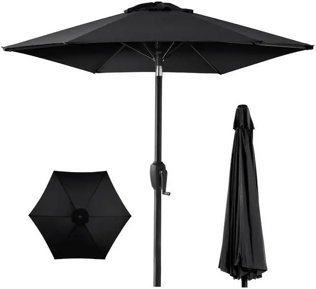 Main image of 7.5ft Heavy-Duty Round Outdoor Market Table Patio Umbrella w/Steel Pole, Push Button Tilt, Easy Crank Lift - Black
