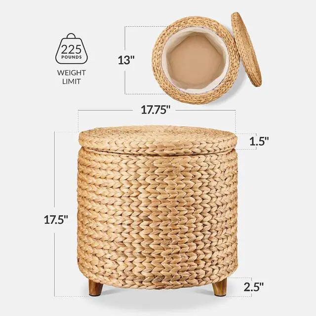 Alt view image 2 of 7 - 17" Round Storage Ottoman W/Lid, Handwoven Water Hyacinth Footstool, Footrest w/Wooden Legs, Accent Side Table, Storage Container, Plant Stand - Natural