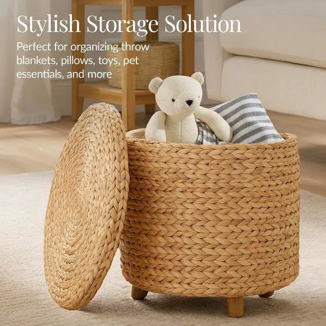 Alt view image 3 of 7 - 17" Round Storage Ottoman W/Lid, Handwoven Water Hyacinth Footstool, Footrest w/Wooden Legs, Accent Side Table, Storage Container, Plant Stand - Natural