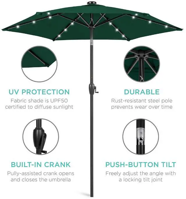 Alt view image 5 of 7 - 7.5ft Solar Umbrella LED Lighted Patio Umbrella, Table Market Umbrella with Tilt and Crank, Outdoor Umbrella for Garden, Deck, Backyard, Pool and Beach - Green
