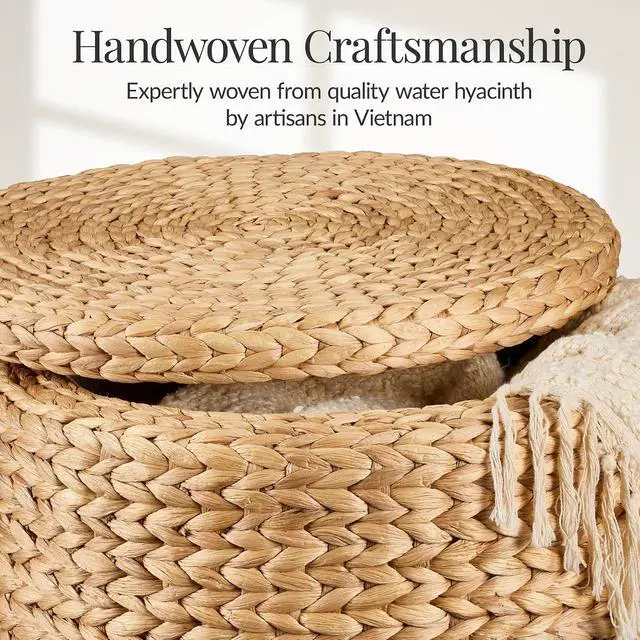 Alt view image 4 of 7 - 17" Round Storage Ottoman W/Lid, Handwoven Water Hyacinth Footstool, Footrest w/Wooden Legs, Accent Side Table, Storage Container, Plant Stand - Natural