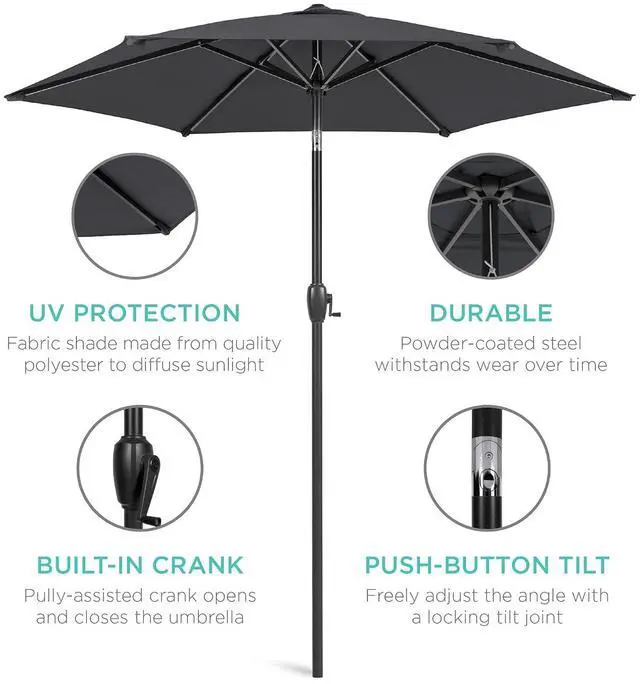 Alt view image 5 of 7 - 7.5ft Heavy-Duty Round Outdoor Market Table Patio Umbrella w/Steel Pole, Push Button Tilt, Easy Crank Lift - Black