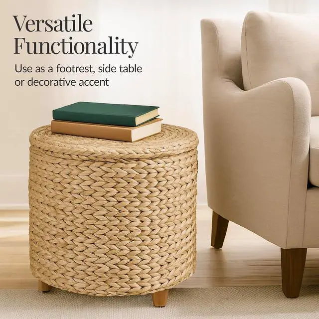 Alt view image 6 of 7 - 17" Round Storage Ottoman W/Lid, Handwoven Water Hyacinth Footstool, Footrest w/Wooden Legs, Accent Side Table, Storage Container, Plant Stand - Natural