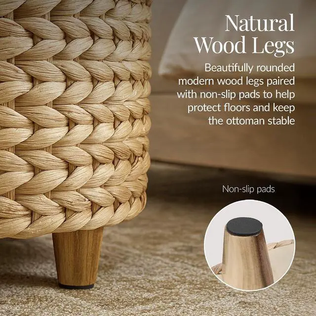 Alt view image 7 of 7 - 17" Round Storage Ottoman W/Lid, Handwoven Water Hyacinth Footstool, Footrest w/Wooden Legs, Accent Side Table, Storage Container, Plant Stand - Natural