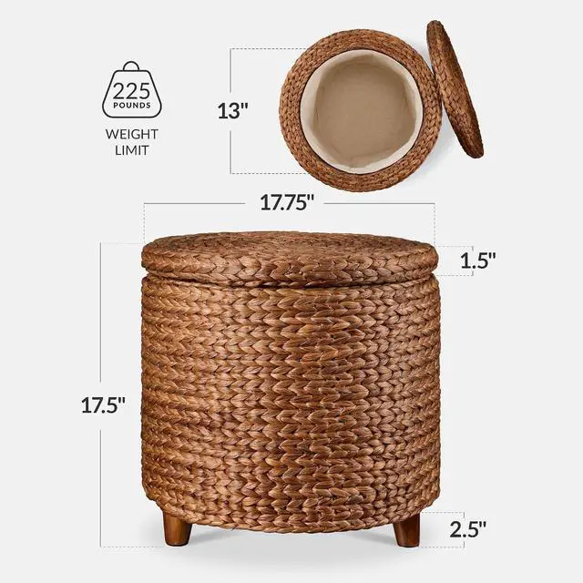 Alt view image 2 of 7 - 17" Round Storage Ottoman W/Lid, Handwoven Water Hyacinth Footstool, Footrest w/Wooden Legs, Accent Side Table, Storage Container, Plant Stand - Chestnut
