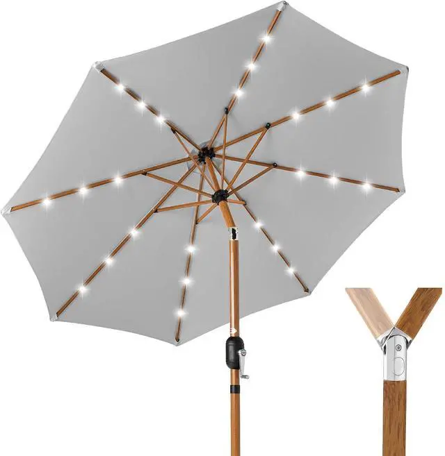 Main image of 10ft Solar Market Patio Umbrella w/Woodgrain Pattern Pole, LED Lights, Tilt & Crank - Outdoor Sun Shade for Backyard Table, Deck, Poolside - Fog Gray