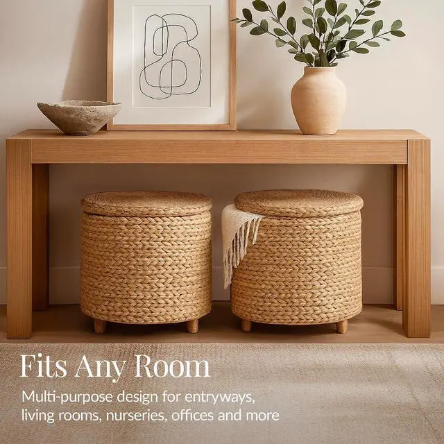 Alt view image 5 of 7 - 17" Round Storage Ottoman W/Lid, Handwoven Water Hyacinth Footstool, Footrest w/Wooden Legs, Accent Side Table, Storage Container, Plant Stand - Natural