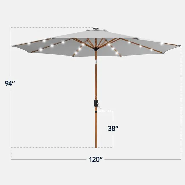 Alt view image 2 of 7 - 10ft Solar Market Patio Umbrella w/Woodgrain Pattern Pole, LED Lights, Tilt & Crank - Outdoor Sun Shade for Backyard Table, Deck, Poolside - Fog Gray