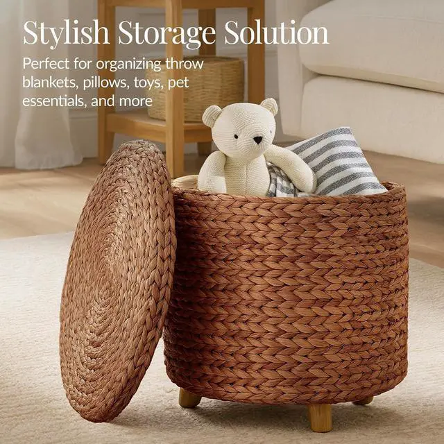 Alt view image 3 of 7 - 17" Round Storage Ottoman W/Lid, Handwoven Water Hyacinth Footstool, Footrest w/Wooden Legs, Accent Side Table, Storage Container, Plant Stand - Chestnut