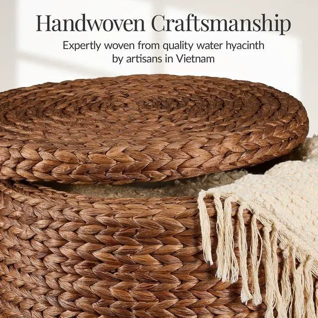 Alt view image 4 of 7 - 17" Round Storage Ottoman W/Lid, Handwoven Water Hyacinth Footstool, Footrest w/Wooden Legs, Accent Side Table, Storage Container, Plant Stand - Chestnut