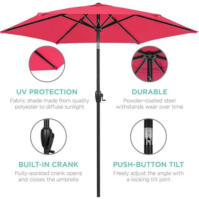 Alt view image 5 of 7 - 7.5ft Heavy-Duty Round Outdoor Market Table Patio Umbrella w/Steel Pole, Push Button Tilt, Easy Crank Lift - Hot Pink