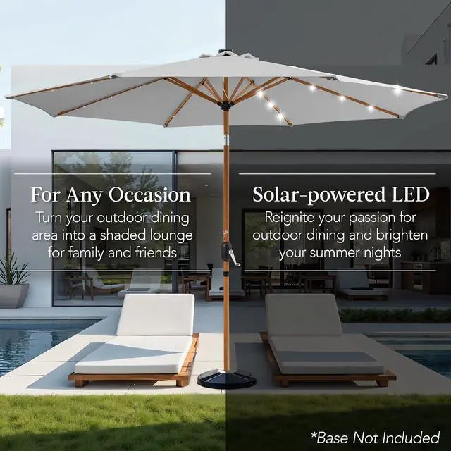 Alt view image 4 of 7 - 10ft Solar Market Patio Umbrella w/Woodgrain Pattern Pole, LED Lights, Tilt & Crank - Outdoor Sun Shade for Backyard Table, Deck, Poolside - Fog Gray