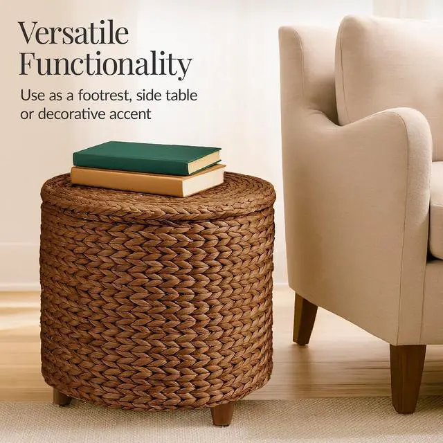 Alt view image 6 of 7 - 17" Round Storage Ottoman W/Lid, Handwoven Water Hyacinth Footstool, Footrest w/Wooden Legs, Accent Side Table, Storage Container, Plant Stand - Chestnut