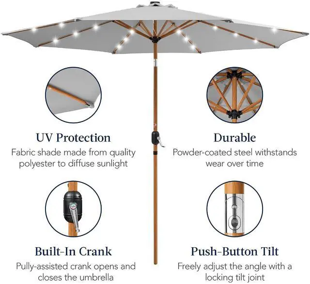 Alt view image 6 of 7 - 10ft Solar Market Patio Umbrella w/Woodgrain Pattern Pole, LED Lights, Tilt & Crank - Outdoor Sun Shade for Backyard Table, Deck, Poolside - Fog Gray